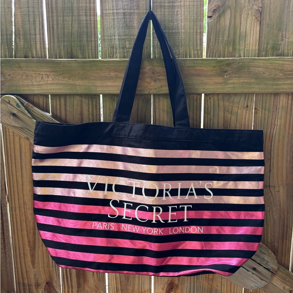 Victorias Secret Large Weekender Travel Bag Black Pink Shiny Stripes Front Logo